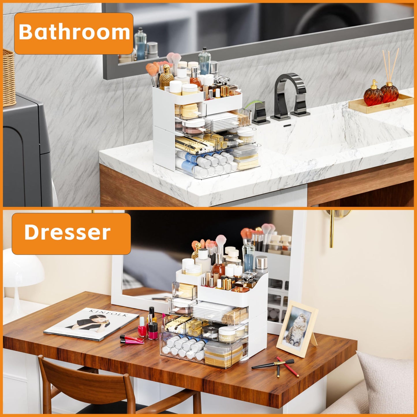 White Countertop Makeup Organizer with 6 Drawers,Large Capacity Skincare Organizers for Vanity,Desk,Dresser,Plastic Bathroom Counter Organizer for Beauty,Skin Care,Perfume,Make up Brush Organization