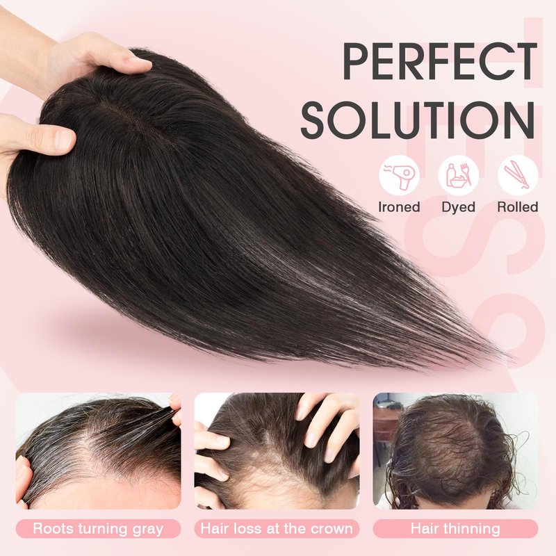 TESS Hair Topper Real Human Hair Toppers for Women with Thinning 11 Inch 360° Cover Clip in with Bangs Upgrade Lace Base Daily Wear, Nature Black