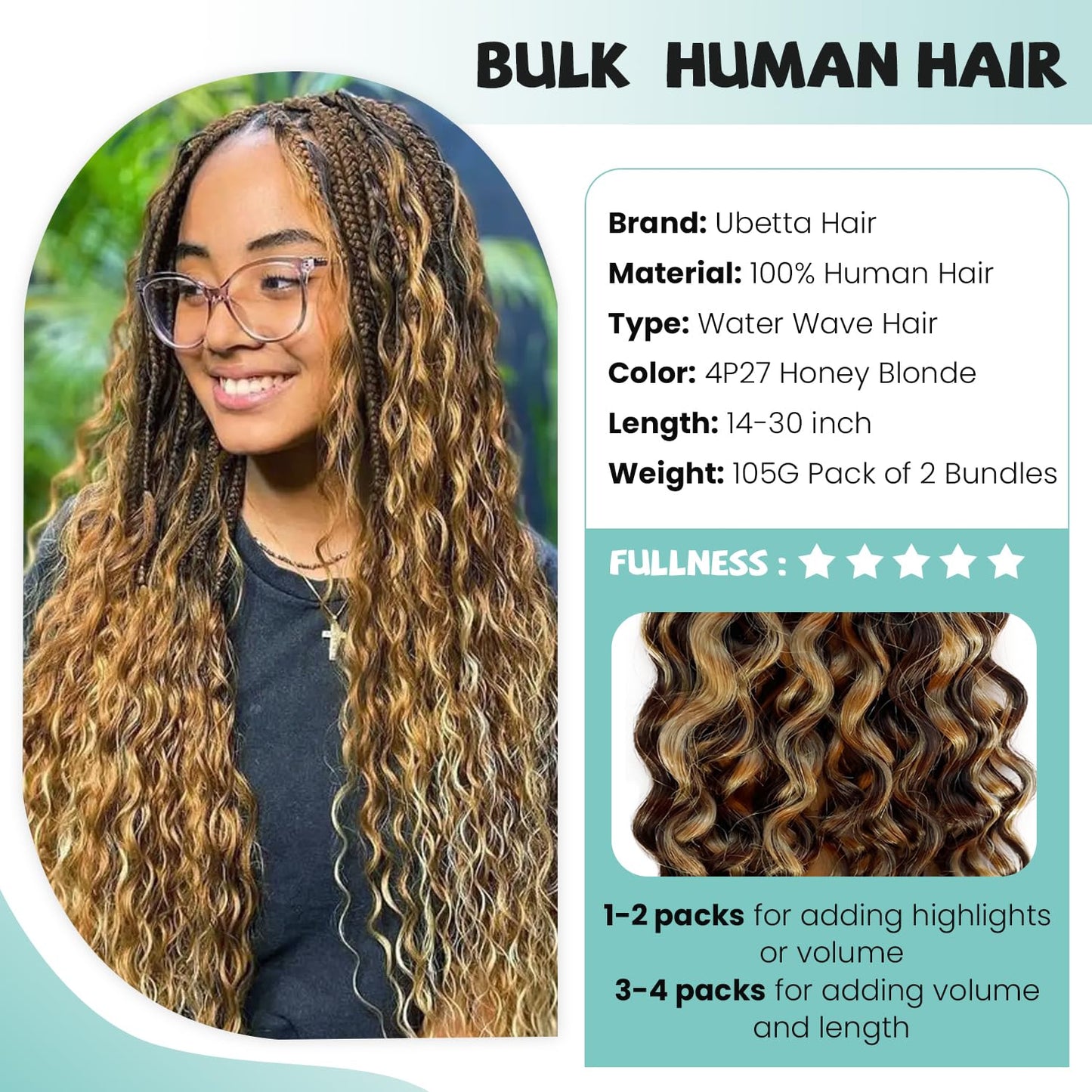4/27 Honey Blonde Human Braiding Hair Deep Water Wave Bulk Human Hair for Braiding Highlights Curly Braiding Hair Extensions for Boho Braids 14 Inch 2 Bundles 100G Wet and Wavy Human Hair Braiding