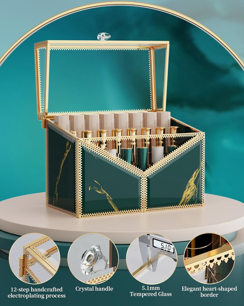 Lipstick Organizer - 24 Slot Tempered Glass Holder for Lip Gloss & Perfume | Vanity Storage Solution