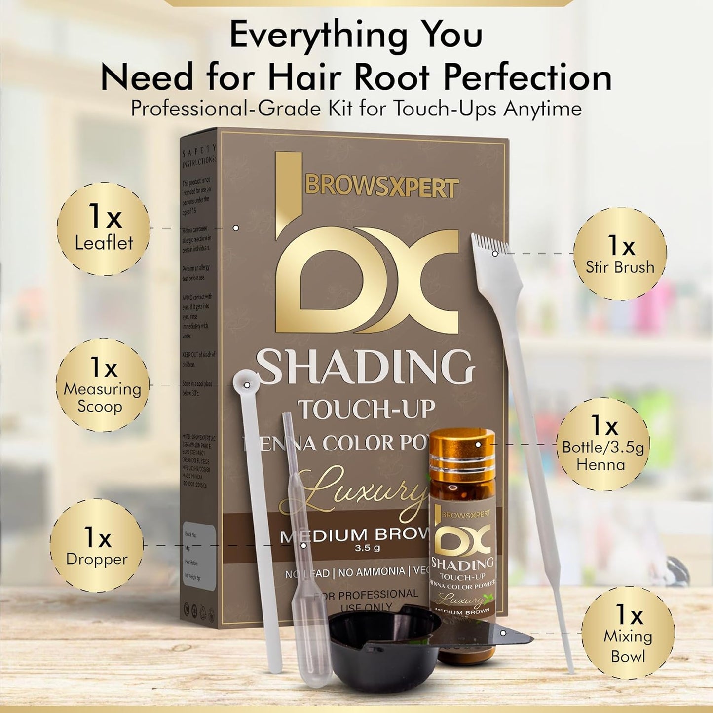 BROWSXPERT Professional Shading Touch-Up Kit - Herbal Henna Color Powder with Mixing Dish & Brush | 3.5g | Medium Natural Brown