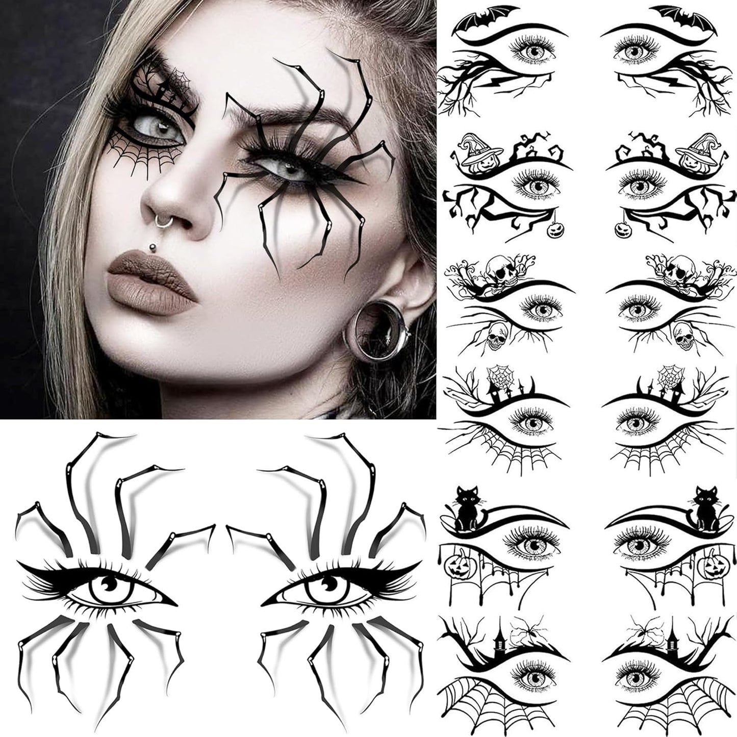 Halloween Eye Shadow Temporary Tattoos - 7 Sheets of 3D Spider Web & Cat Skull Designs | Fun Makeup Accessories for All Ages