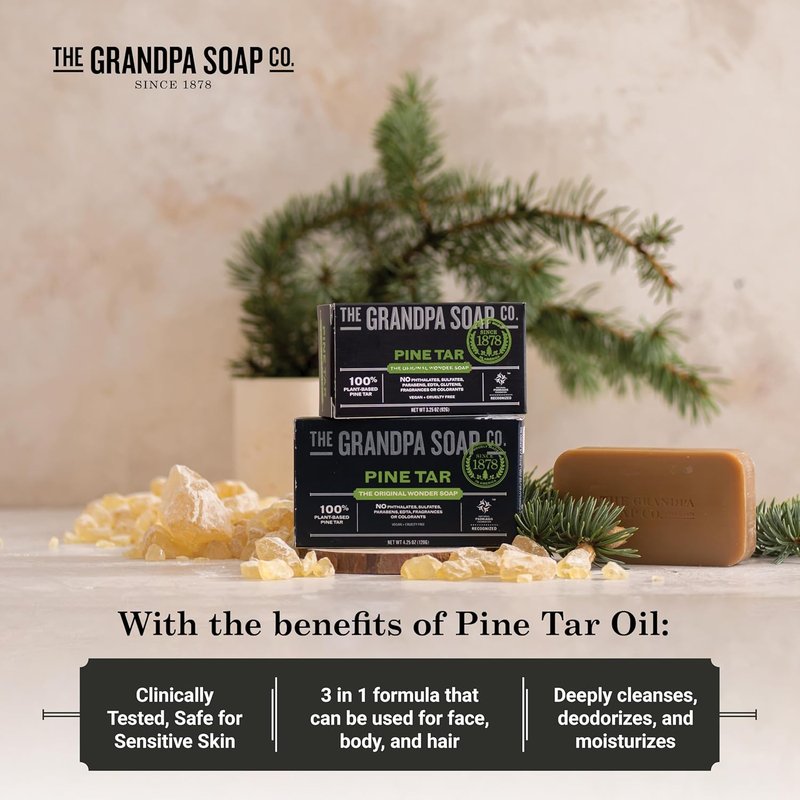 Pine Tar Bar Soap for Men - 3-in-1 Cleanser, Deodorizer & Moisturizer | 3.25 Oz, 6 Pack - Dermatologist Tested, Sensitive Skin Safe