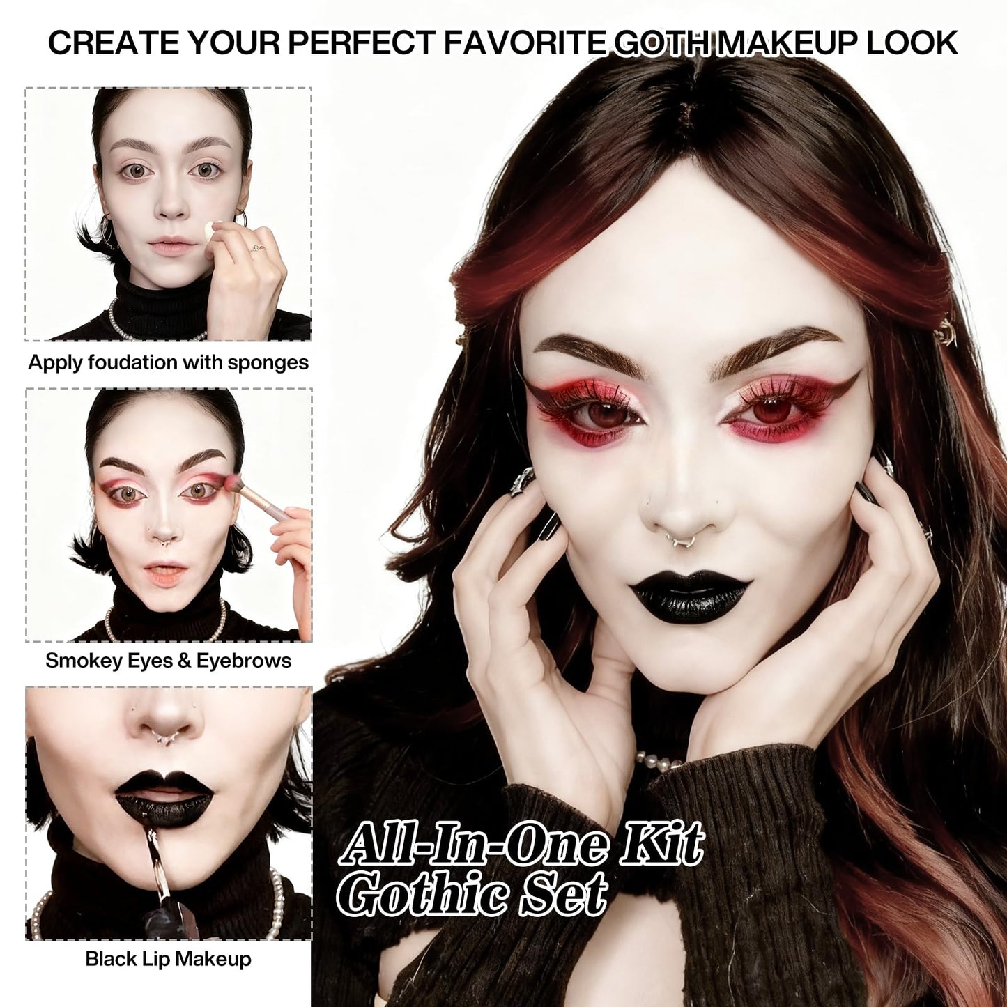 Goth Makeup Kit – Complete Gothic Make up Set for Vampire, Witch, Clown, Emo, Grunge, Theater, Halloween SFX with White Foundation, Red Eyeshadow Palette, Black Lipstick, Eyelashes, Eyeliner, Nails