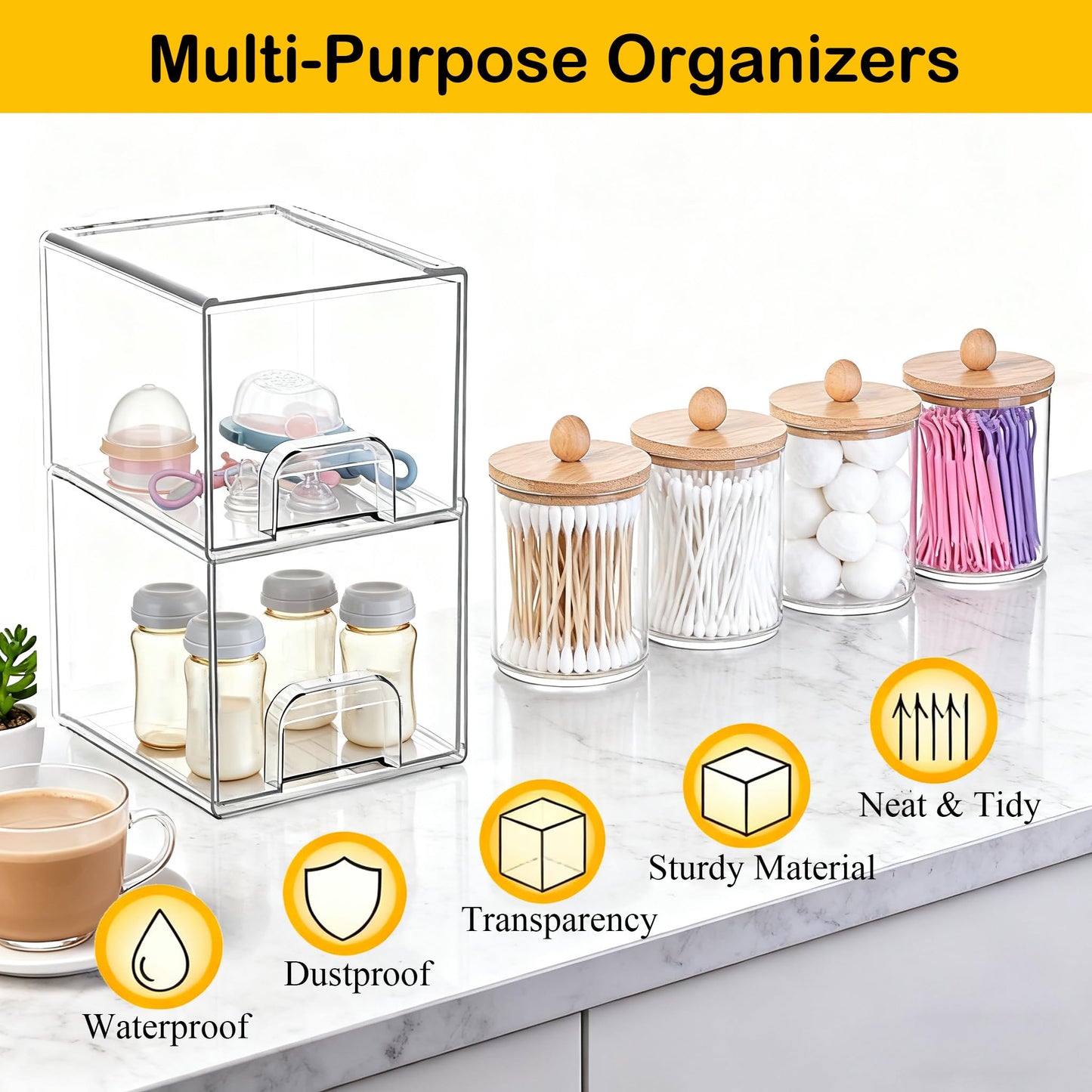 Qeosvve 6 Pack Clear Stackable Storage Drawers & Qtip Holder Dispenser with Bamboo Lids, Clear Plastic Storage Containers for Bathroom, Vanity, Undersink, Kitchen Cabinets, Pantry, Home Organization