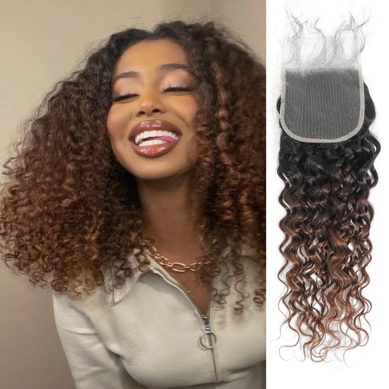 Anmetan 12A Ombre Chestnut Brown 4x4 HD Transparent Lace Closure Water Wave Human Hair, Chocolate Brown 3 Tone Colored T1B/2/30 Soft Unprocessed Remy Natural Hairline with Baby Hair 14 Inch Dark Roots