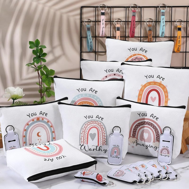 Rainbow Makeup Bag Set - 60 Pcs Inspirational Cosmetic Bags with Keychain | Perfect Gift for Women, Teachers, and Graduates