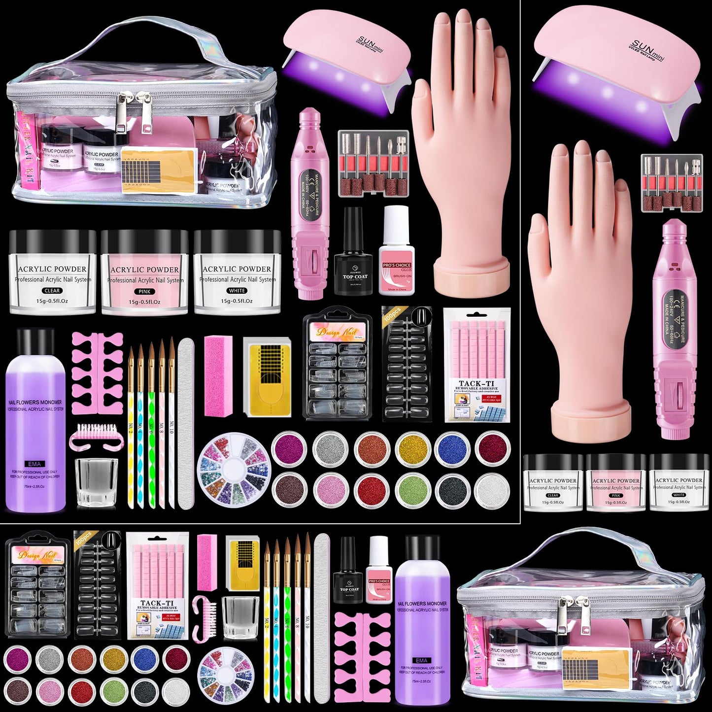Nail Kit for Beginners with Everything: Practice Hand Acrylic Nail Set Professional Powder Drill Liquid Starter Kits with U V Lamp in Cosmetic Gift Bag for Women Salon Home (Sliver)