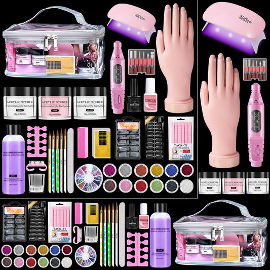 Nail Kit for Beginners with Everything: Practice Hand Acrylic Nail Set Professional Powder Drill Liquid Starter Kits with U V Lamp in Cosmetic Gift Bag for Women Salon Home (Sliver)