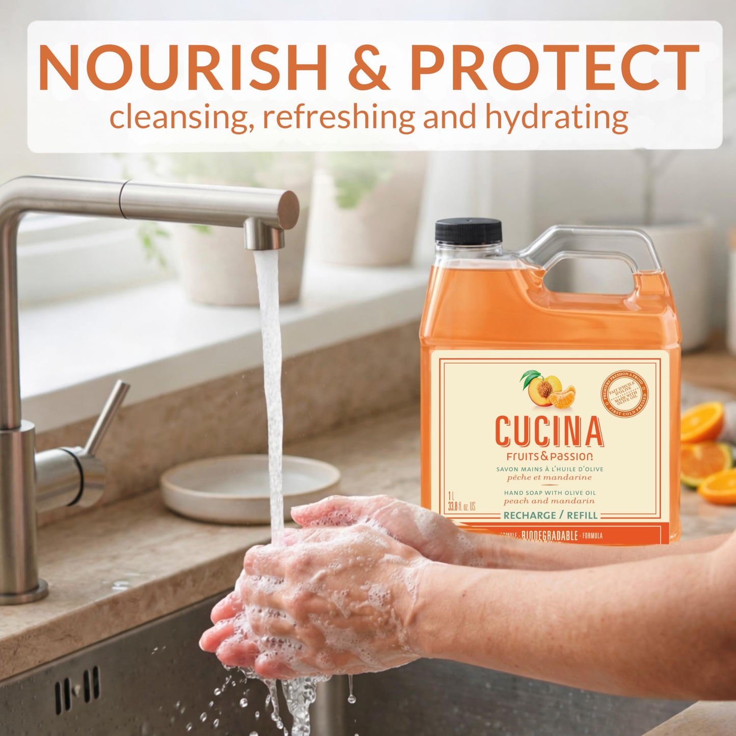 Cucina Fruits & Passion Hand Soap Refill, Peach & Mandarin, 1 L (33.8 fl oz), Liquid Hand Soap with Moisturizing Olive Oil, Biodegradable, Vegan Formula, Kitchen & Bathroom