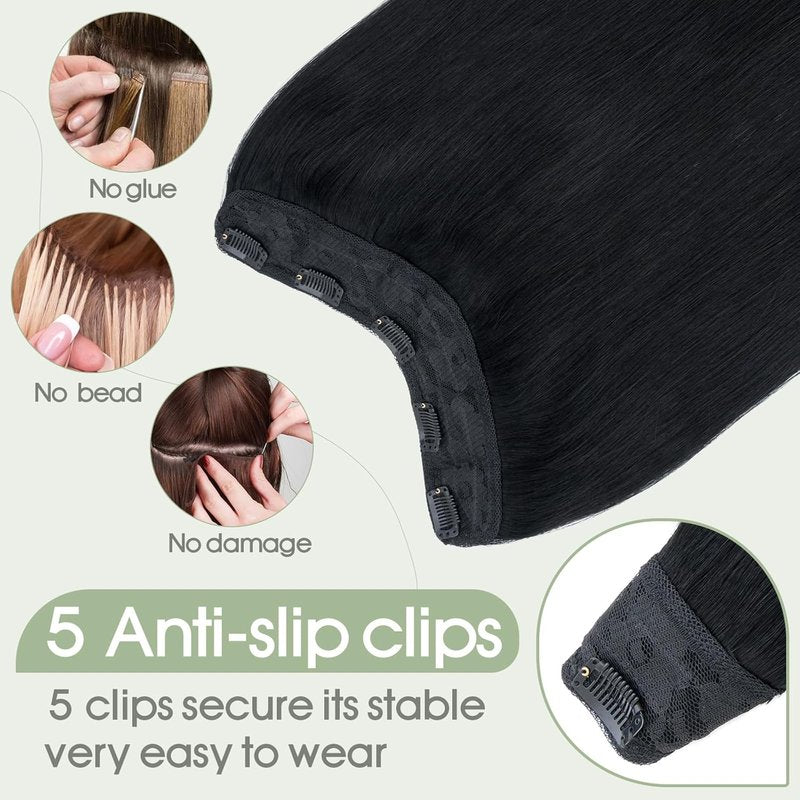 One Piece Clip-In Hair Extensions - Human Hair V Part Weft, Thicker Lace Net, 14" | #01 Jet Black