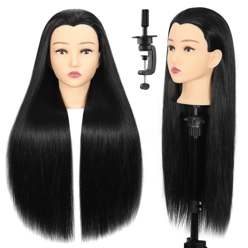 Mannequin Head with Hair 28“ Cosmetology Manikin Doll Head Mannequin Head for Braiding Hairstylists Cosmetology Students Practice Styling with Free Clamp (black)