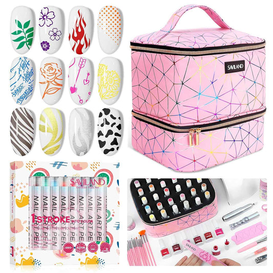 Nail Art Supplies Kit with 12 Color Nail Polish Pens & PU Leather Organizer Bag - Includes Nail Lamp & Manicure Tools
