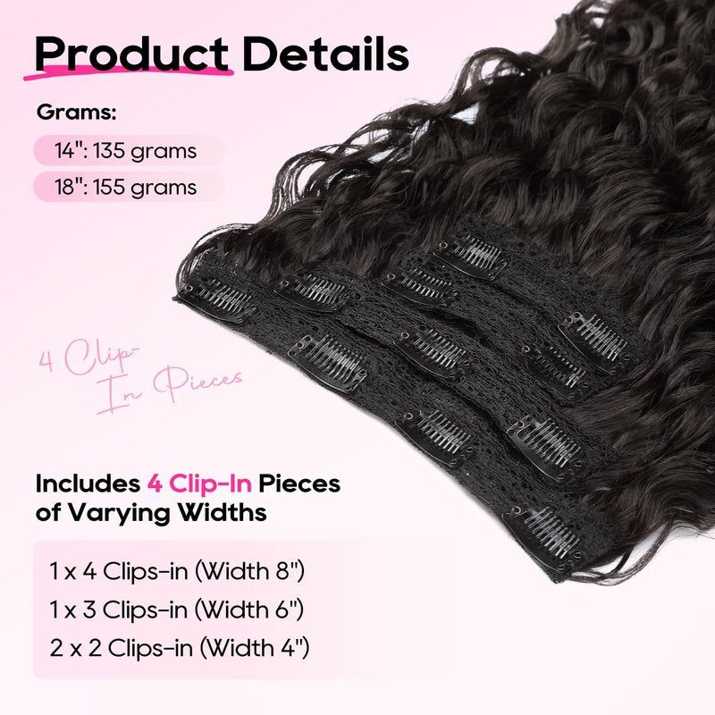REECHO Curly Hair Extensions - 4PCS 18" GoGo Curly Clip in Hair Extensions 100% Super Protein Hairpieces with Invisible Lace Weft Silky Soft Natural Look for Women - Black Brown