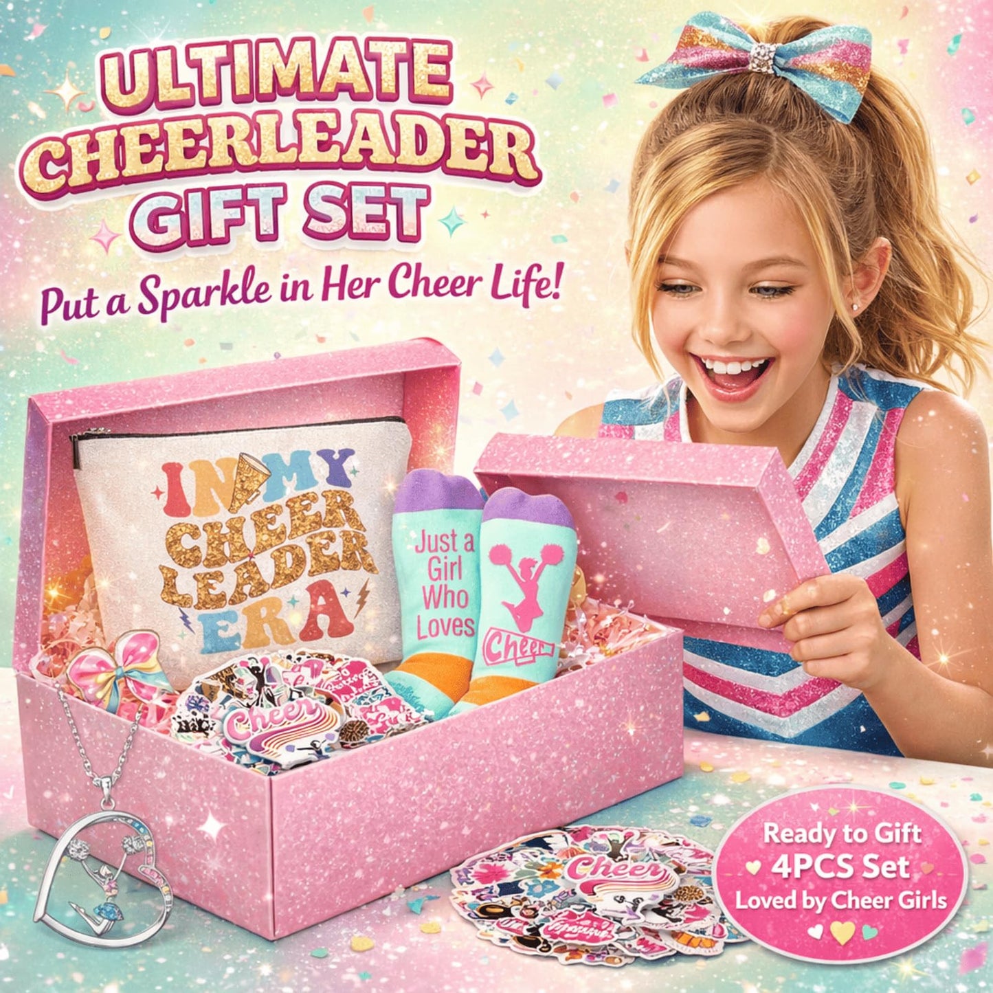 FJHAIY Cheerleader Gifts Set Women Including Cheerleader Makeup Bags Cheerleader Necklace Cheerleading Socks Cheerleader Stickers-Cheerleader Lovers Gifts
