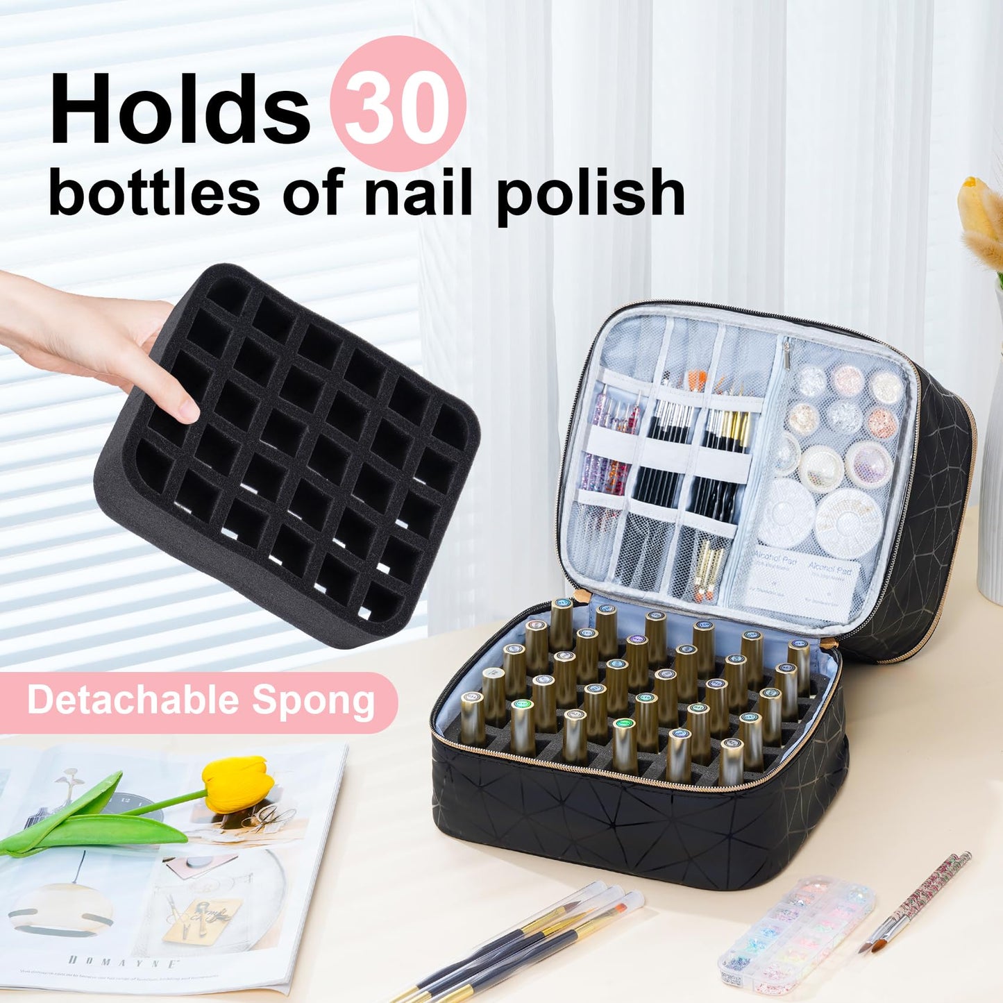 Uross Nail Polish Organizer Bag Holds 42 Bottles Nail Polish & Nail Lamp, Large Gel Polish Organizers and Storage box for Nail Tech, Nail Kit Supplies Organizer Case - Leopard