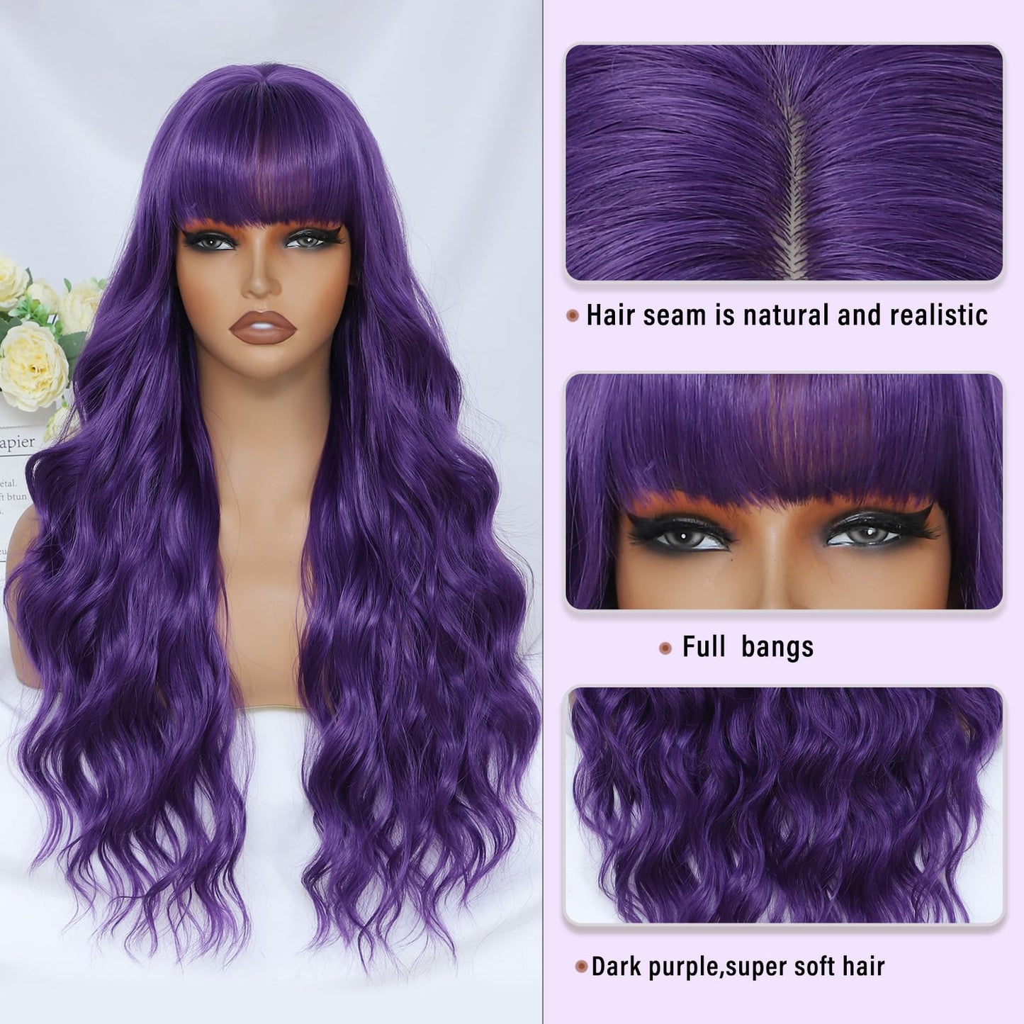 MINSEEYOO Dark Purple Wig with Bangs for Women Long Purple Wavy Wigs 26 Inch Dark Purple Wigs Natural Looking Heat Resistant Synthetic Wig for Daily Party Use