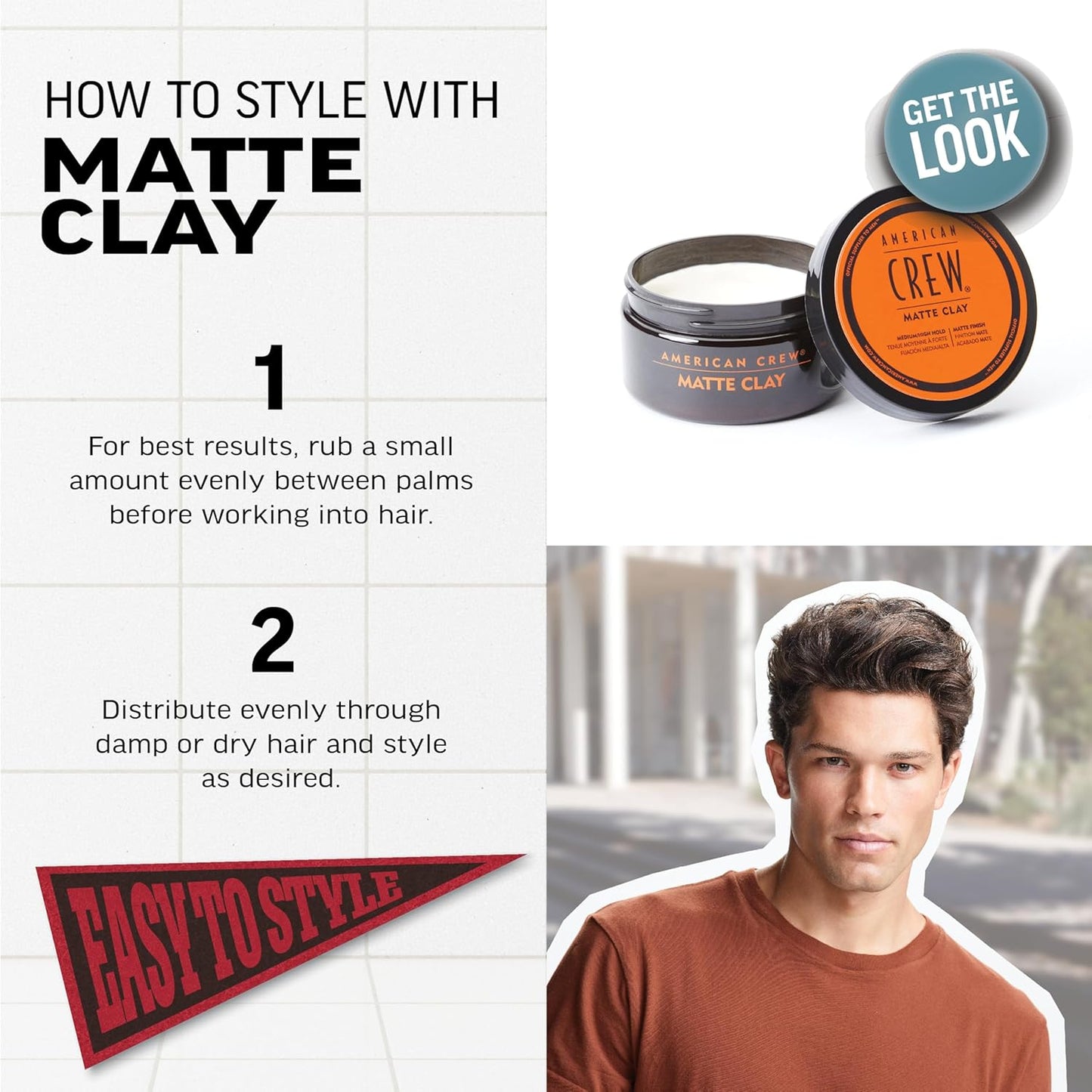 American Crew Men's Matte Hair Clay - Medium/High Hold, 3 oz | Styling Clay for Textured Looks