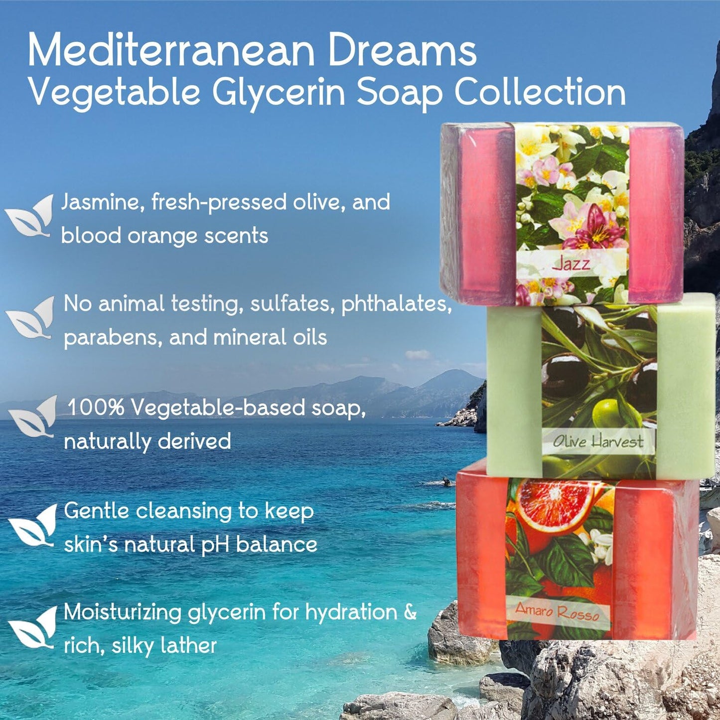 Nabila K Mediterranean Dreams Glycerin Bar Soap Set of 3 | Jazz, Olive Harvest & Amaro Rosso | Natural, Vegan, Hypoallergenic | 100% Vegetable Glycerin, Sulfate-Free | 4.5 oz Each