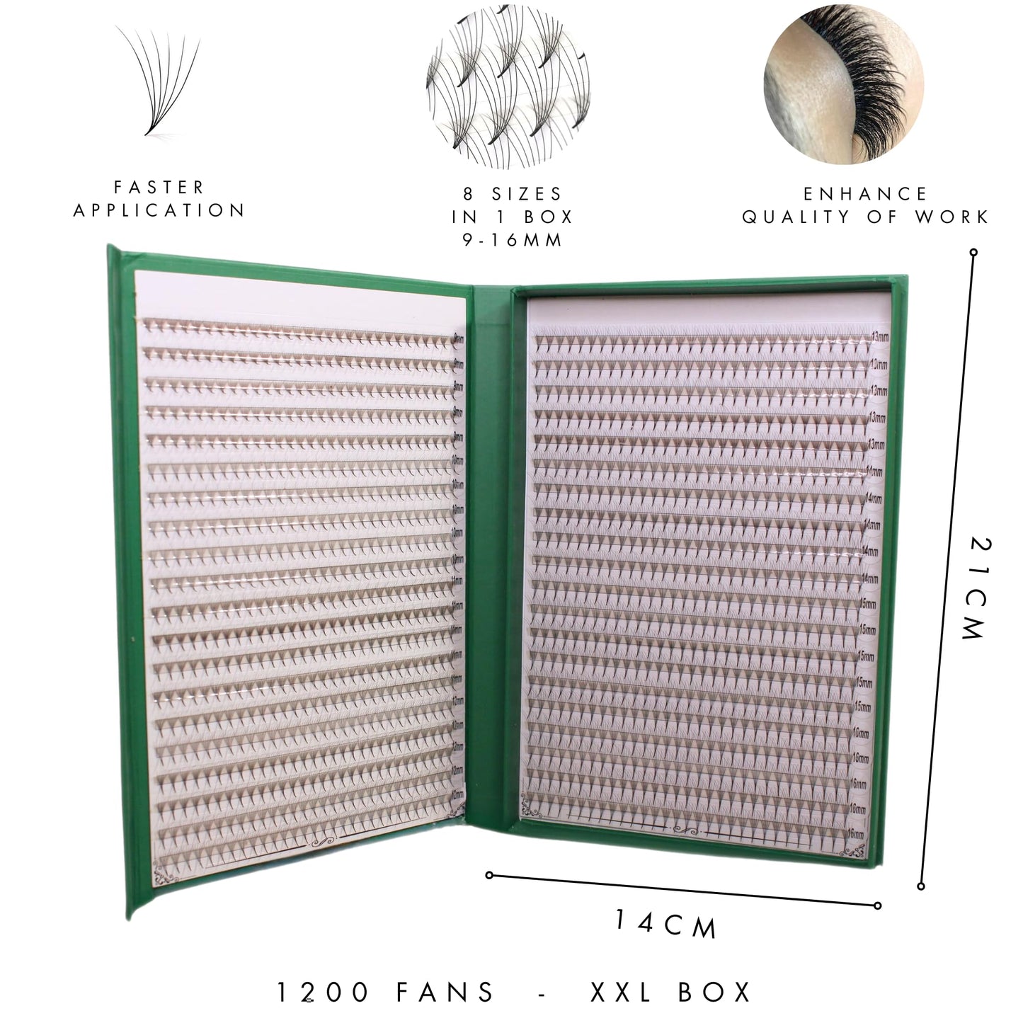 Pinneacle 1200 Premade volume fans eyelash extension for professional lash artist | Mixed 8 Sizes-in-1 Box | Lengths from 9-16mm | C, CC, D, M, L curl 6D 0.07 (Premium XXL Box L+ Curl 9-16mm)