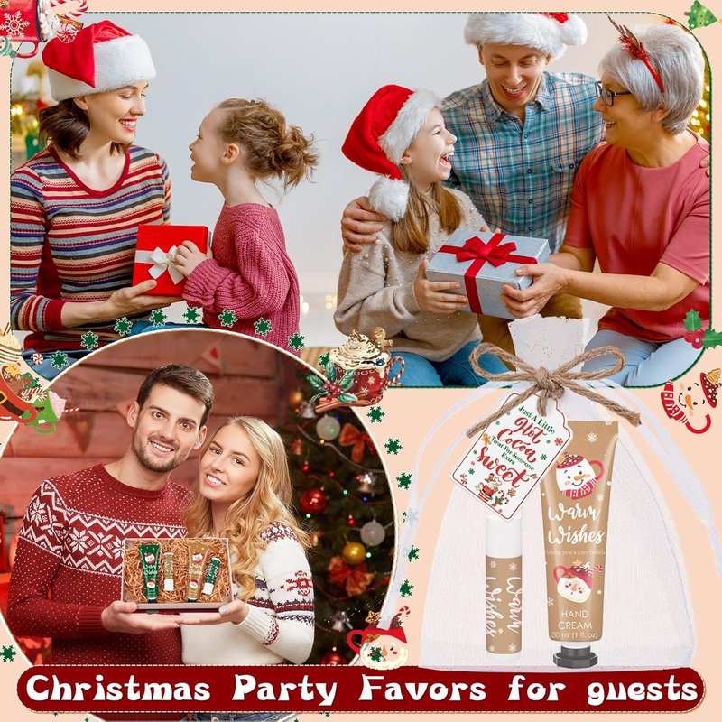 24 Pcs Christmas Hot Cocoa Party Favors - Hand Cream & Lip Balm Gift Set | Red & Green Xmas Stocking Stuffers