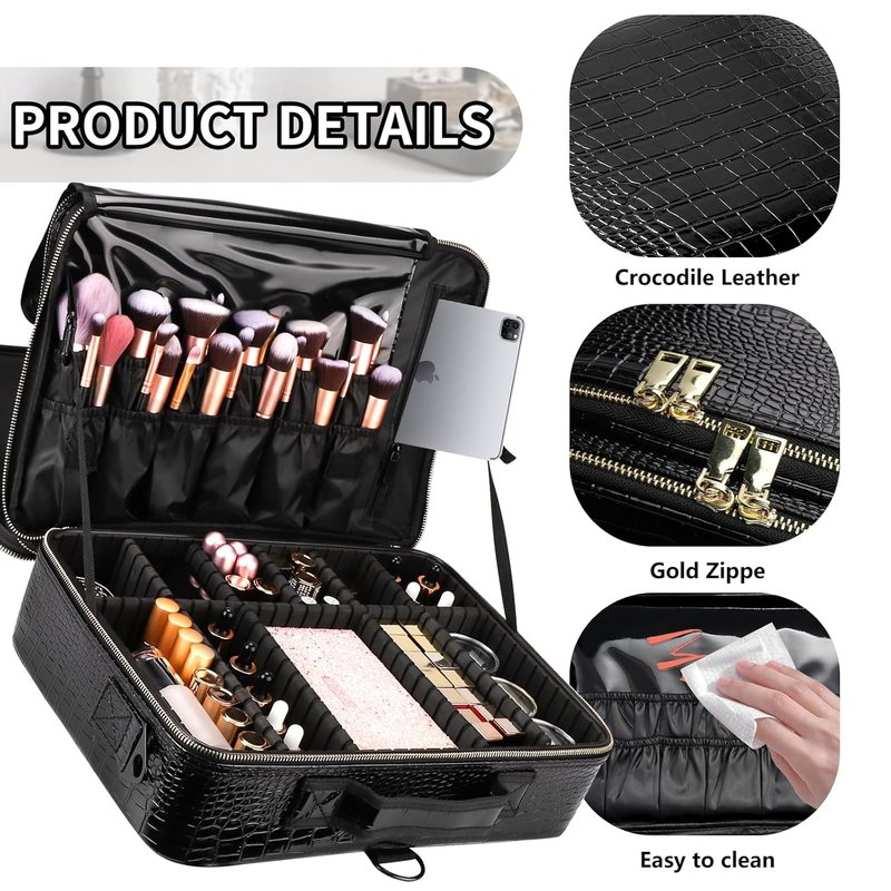 Large Capacity Travel Makeup Case Organizer - Waterproof PU Leather with Adjustable Dividers & Shoulder Strap | Perfect for Brushes & Jewelry