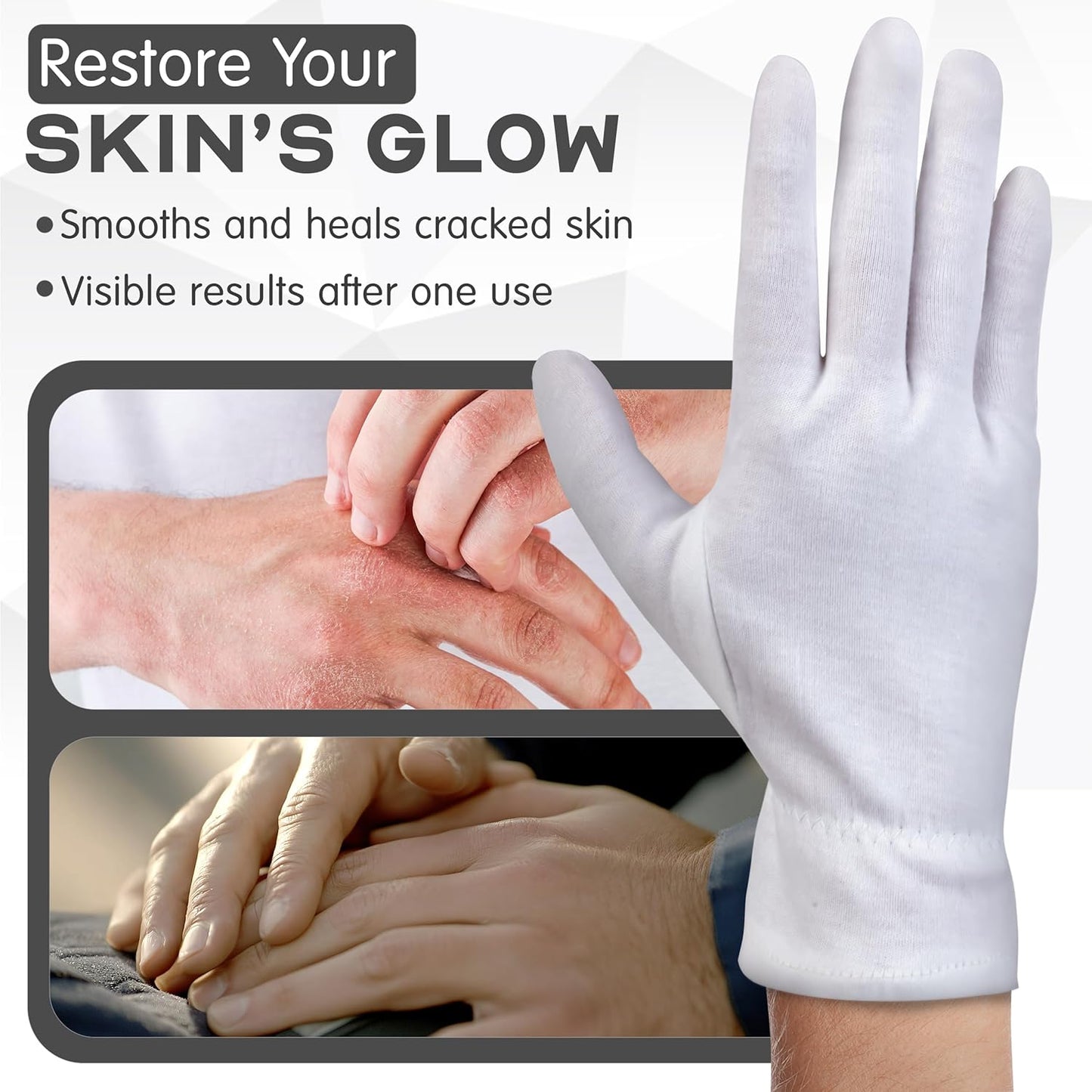White Cotton Gloves for Dry Hands - 8 Pairs of Washable Overnight Moisturizing Gloves | Breathable for Men & Women