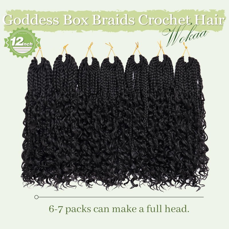 Goddess Box Braids Crochet Hair for Woman 12 Inch 7 Packs Short Pre-looped Crochet Box Braids Curly Ends Bohemian Hippie Braids Synthetic Braiding Hair Extension Natural Black 1B