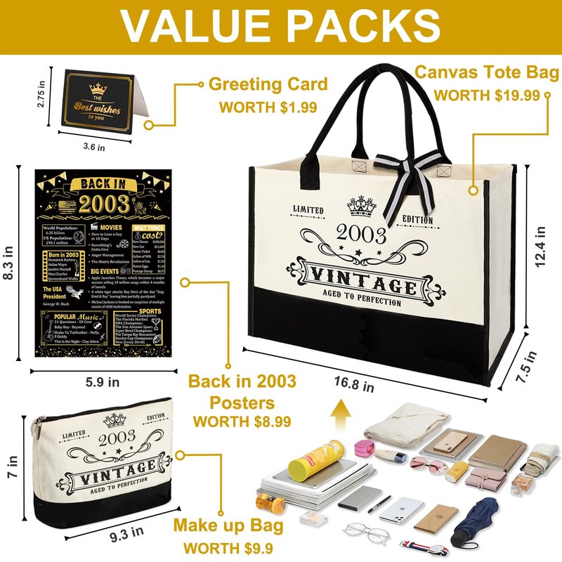 23rd Birthday Gifts for Women Canvas Tote Bag Travel Gear, Unique 23 Years Old Birthday Gifts for Girlfriend Daughter Sister Friends Her, Vintage 2003 Handbag & Cosmetic Bag & Back in 2003 Poster