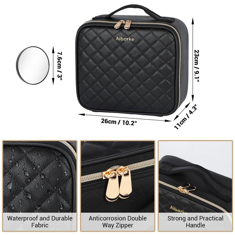 Aiborke Travel Makeup Bag with Led Mirror Make up Case with Lighted Mirror Cosmetic Organizer bag with Adjustable Dividers and 5X Magnifying Mirror Makeup Box Organizer Vanity Case for Women (Black)