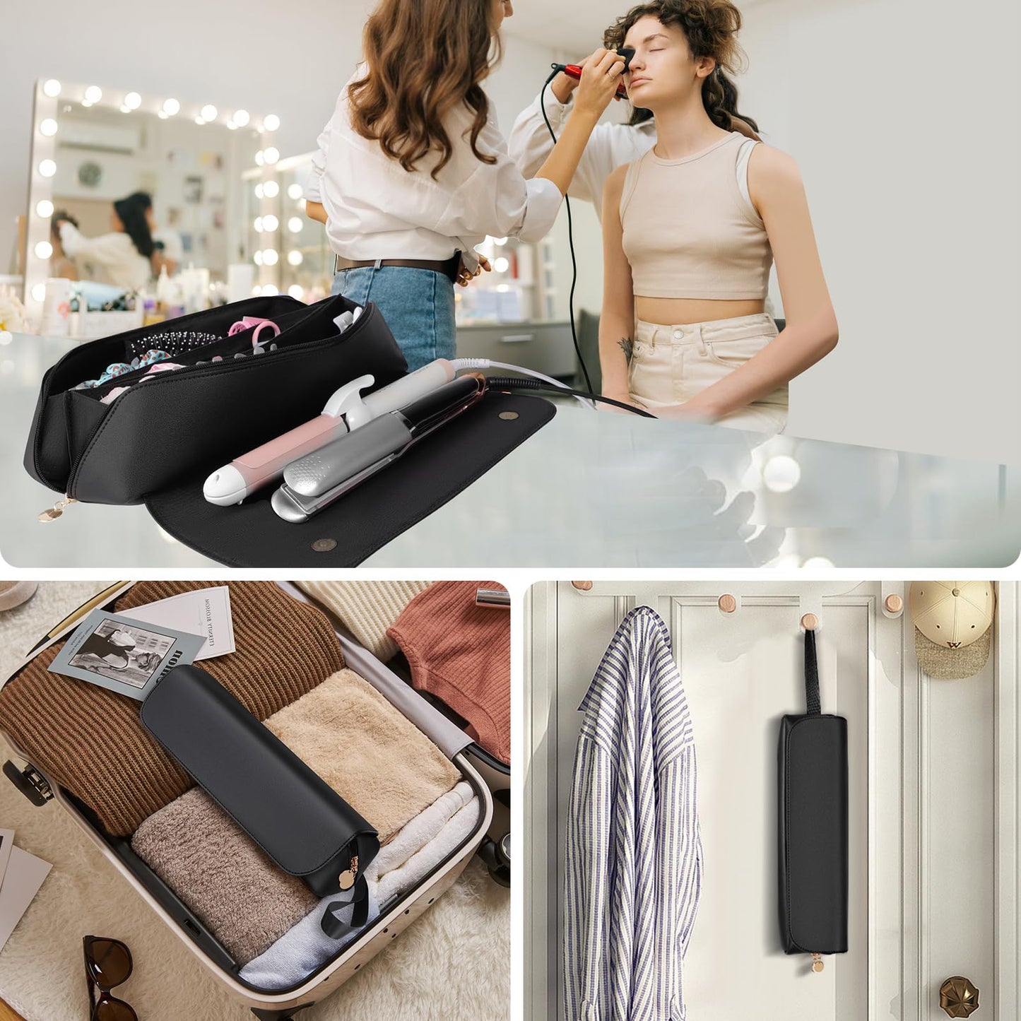 SS Hair Tools Travel Bag and Heat Resistant Mat for Hot Tools, Leather Curling Iron Case, Portable Essentials for Women, Black