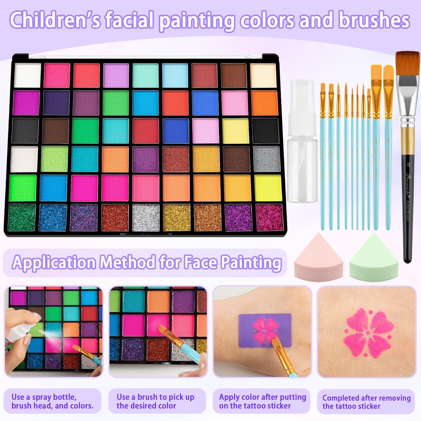 Kids Face Painting Kit,54 Color Face Painting Kit, Non Toxic Water Activated Face Paint Palette with Stencils, Brushes, Gems & Book etc. For Halloween,Christmas Carnival, Party,cosplay ctc.