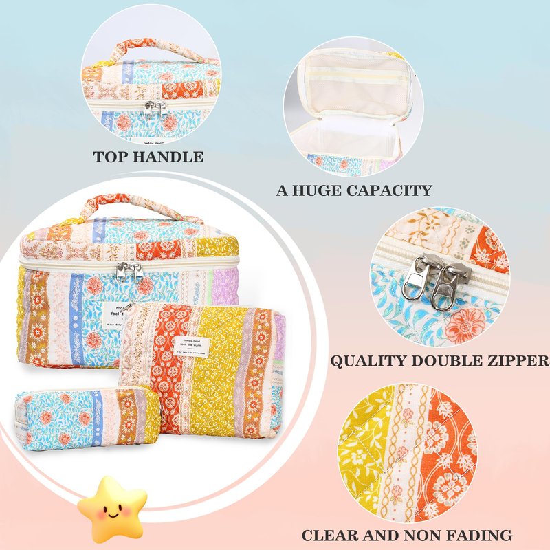 Dvehdbay 3Pcs Quilted Makeup Bag - Cotton Large Floral Makeup Bag, Travel Cosmetic Bag Cute Flower Aesthetic Floral Toiletry Organizer Bag Set for Women (08Yellow-Red)