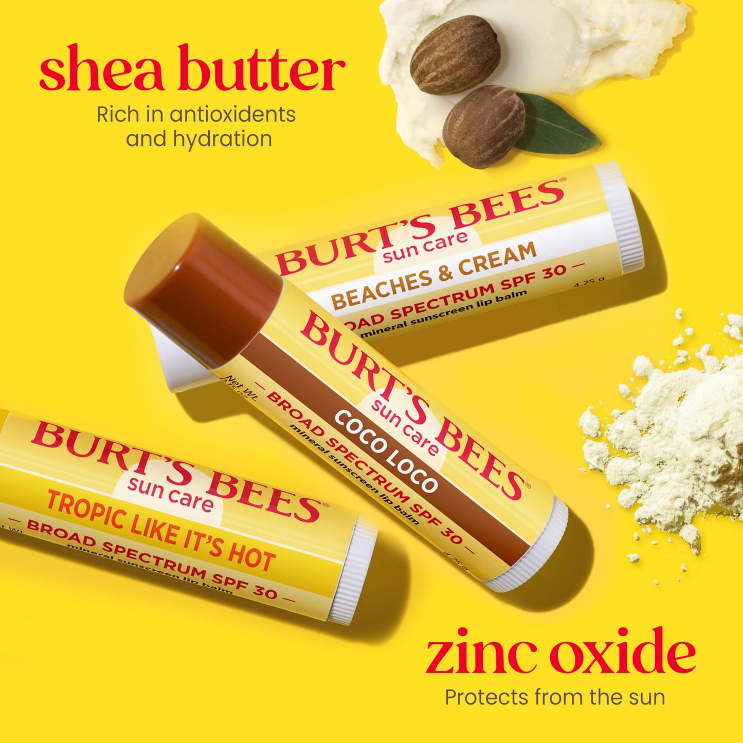 Burts Bees SPF 30 Lip Balm, Island Getaway, Coco Loco, Beaches & Cream, Tropic Like It's Hot, Water-Resistant Sun Care, Natural Origin Lip Treatment, 0.15 oz., Three Tubes