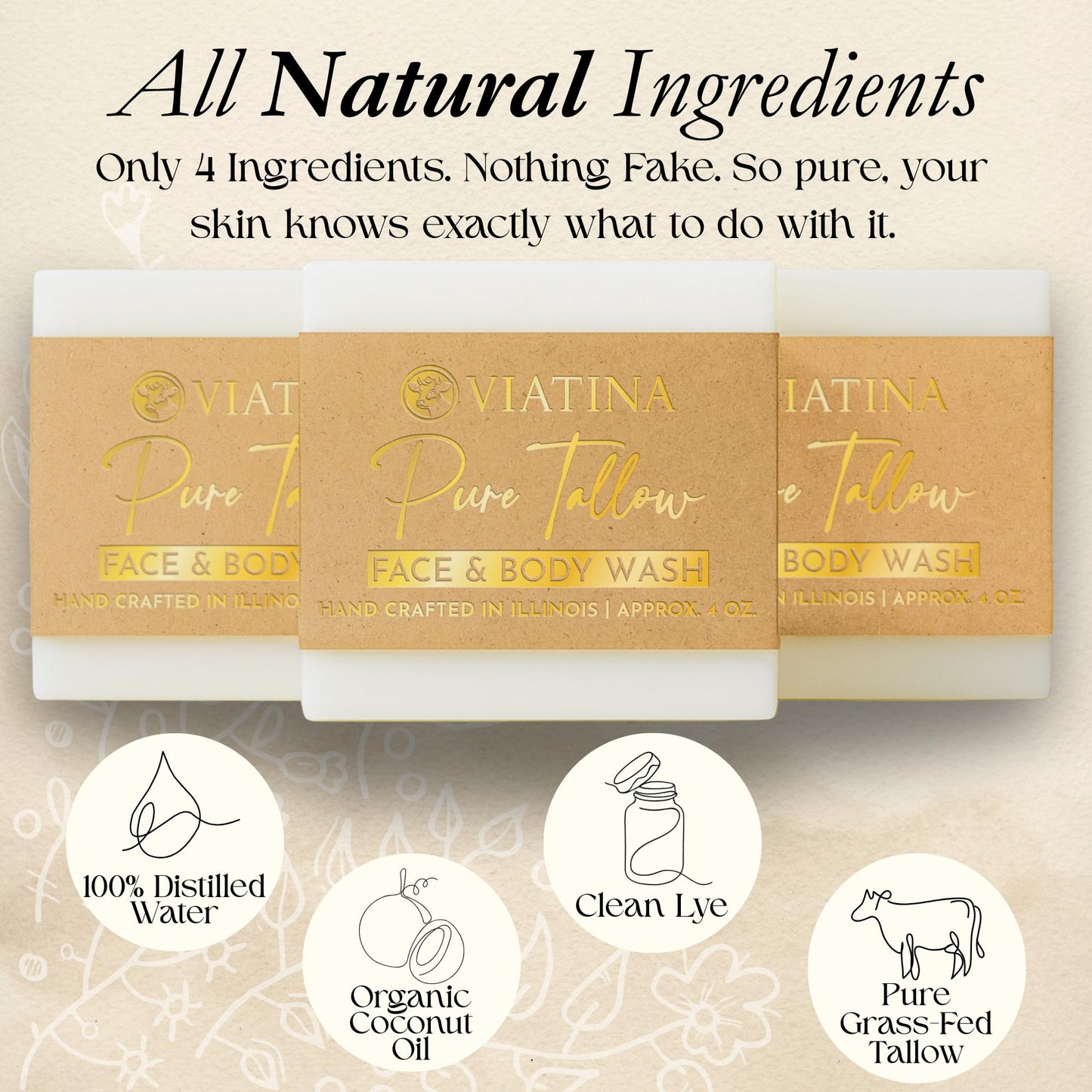 Viatina Beef Tallow Soap Bar - All Natural Grass Fed Beef Tallow - No artificial fragrances - Handcrafted in Illinois - 3 Pack