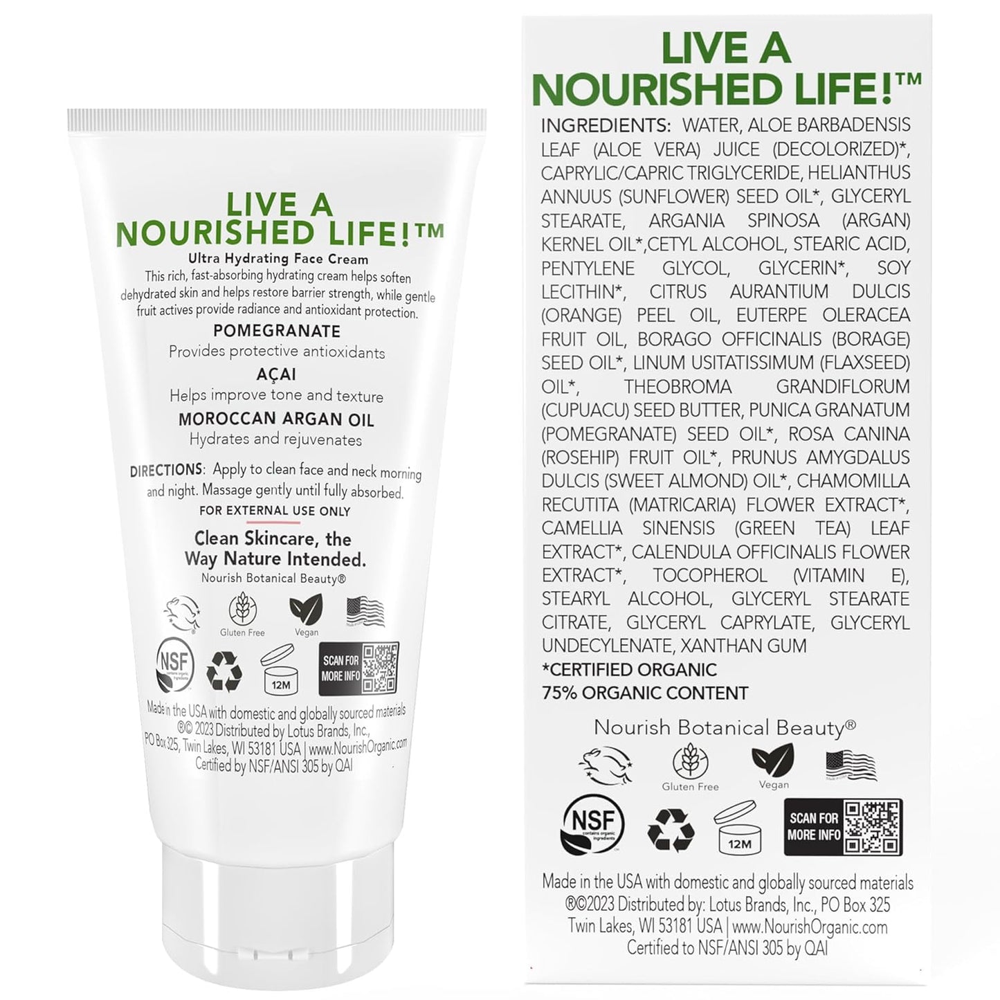 Nourish Organic Face Cream - Ultra Hydrating Pomegranate Acai & Argan | 1.7 Oz with Aloe Vera & Green Tea Extract