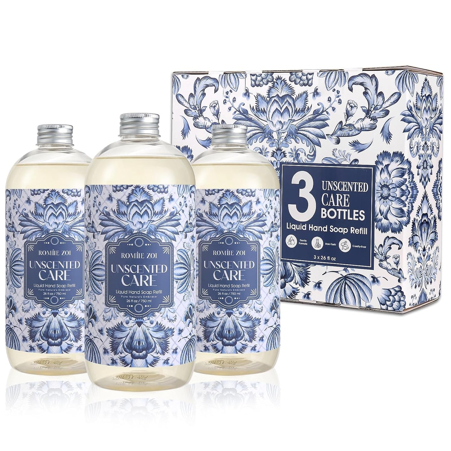 Liquid Hand Soap Refills Gift Set - Unscented Plant-Based Formula | 3 x 26 Fl Oz Bottles for Sensitive Skin