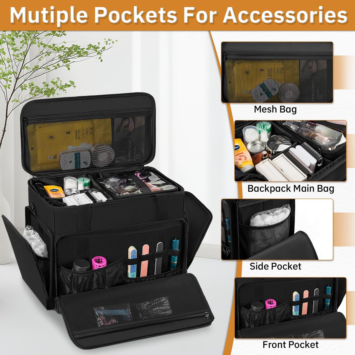 FREEAMG Extra Large Makeup Case with 4 Removable Pouches, Professional Make up Train Case, Travel Cosmetic Bag for Makeup Artist with Shoulder Strap and Handle (Black)（Bag only）