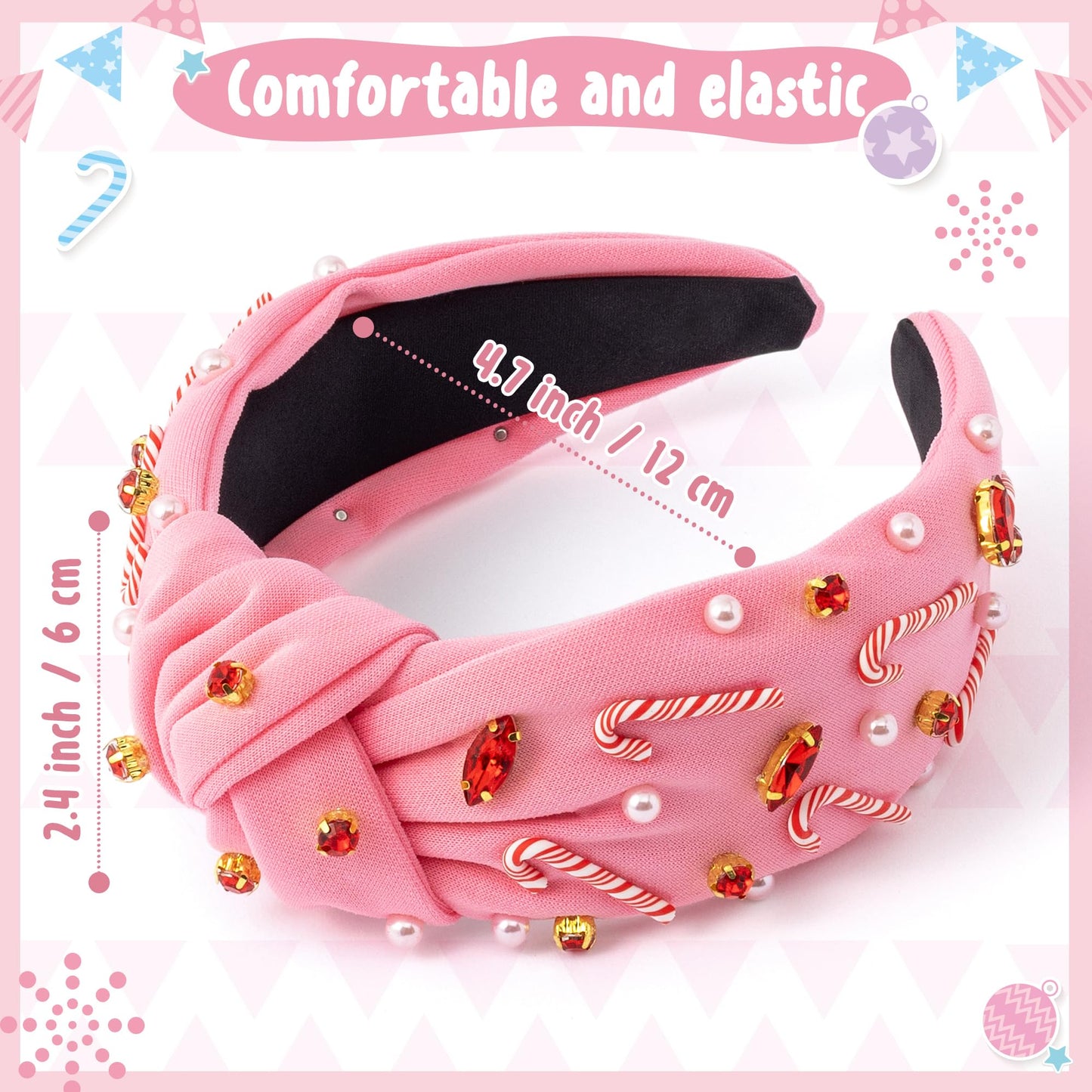 PANTIDE Christmas Jeweled Knotted Headband - Xmas Candy Cane Rhinestone Crystal Pearl Embellished Headband None Slip Wide Top Knot Fashion Hairband Hair Accessories Birthday Gift for Women Girl (Pink)
