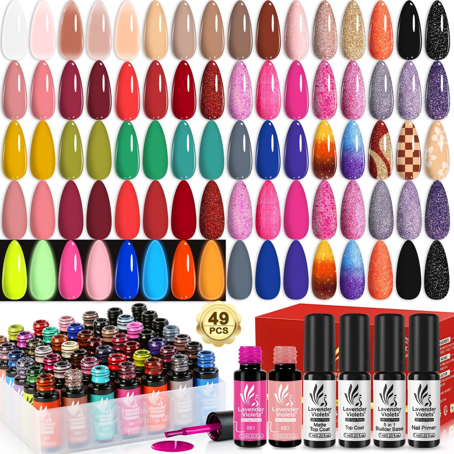 Lavender Violets 49pcs Gel Nail Polish Set 45 Colors Neon Glow in the Dark Effect with Nail Primer Builder Base Coat Glossy & Matte Top Coat Jelly Shades for Gift Set Nail Art Design A950