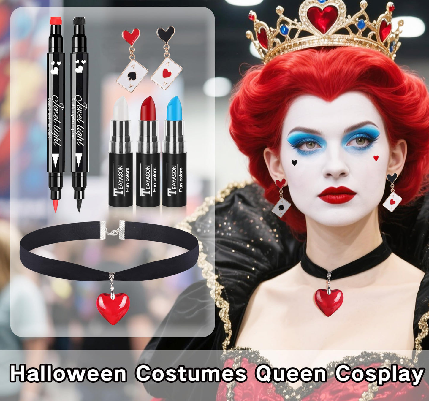 Go Ho Red White and Blue Multi-use Lip Face Paint Stick,2PC Red&Black Hearts Eyeliner Stamp,Heart-shaped Earrings and Necklace Kit,Queen Cosplay Halloween Costumes Party Accessories for Women