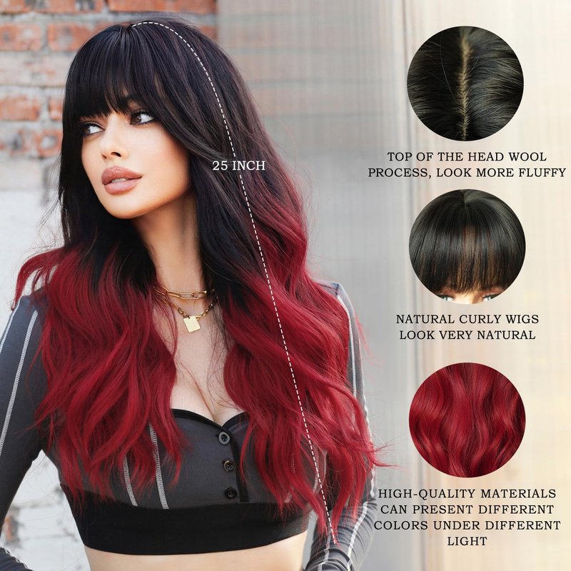 7JHH WIGS Long Wavy Wigs with Bangs 25in Black Ombre Red Synthetic Wig Heart Resiatant Wigs for Women Daily Party Cosplay Used