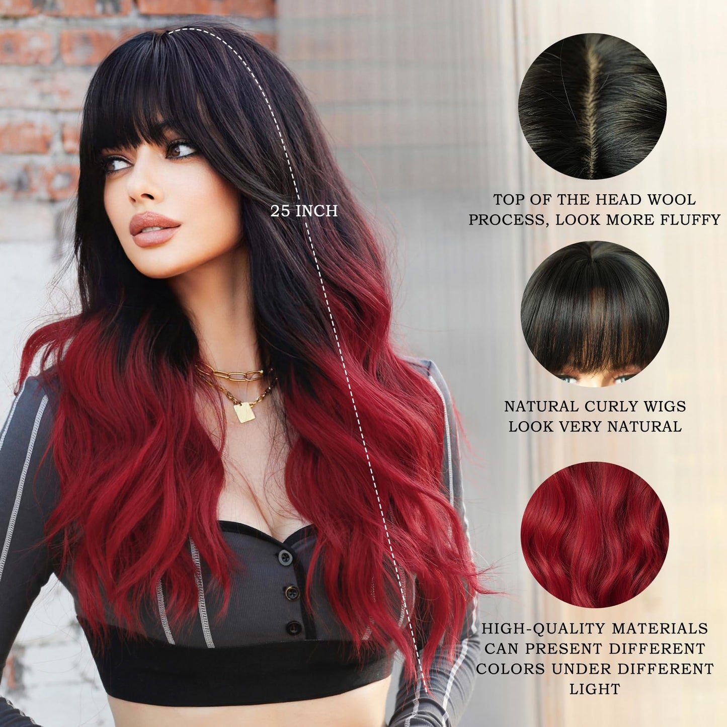 7JHH WIGS Long Wavy Wigs with Bangs 25in Black Ombre Red Synthetic Wig Heart Resiatant Wigs for Women Daily Party Cosplay Used