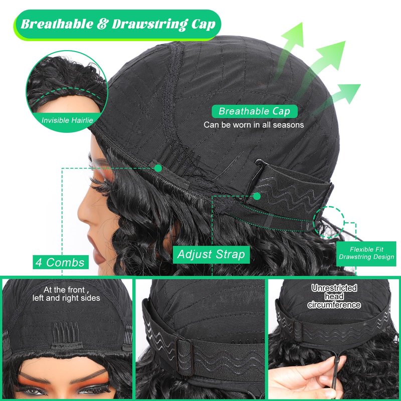 Qmaple Half Wig Synthetic Hair 3 In 1 Curly Half Wig With Adjustable Drawstring Seamless Flip For Beginner Friendly Water Wave For Black Women (Black 14 Inch)