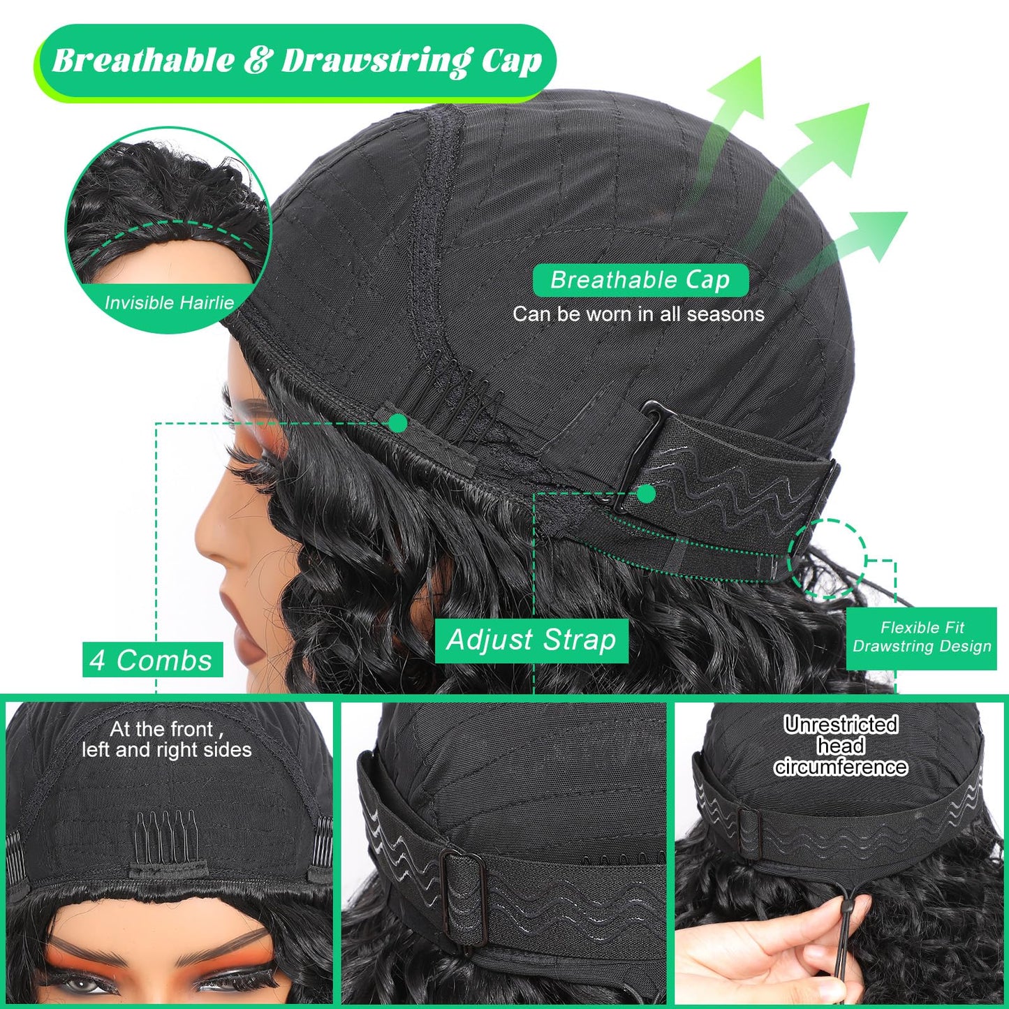 Qmaple Half Wig Synthetic Hair 3 In 1 Curly Half Wig With Adjustable Drawstring Seamless Flip For Beginner Friendly Water Wave For Black Women (Black 14 Inch)