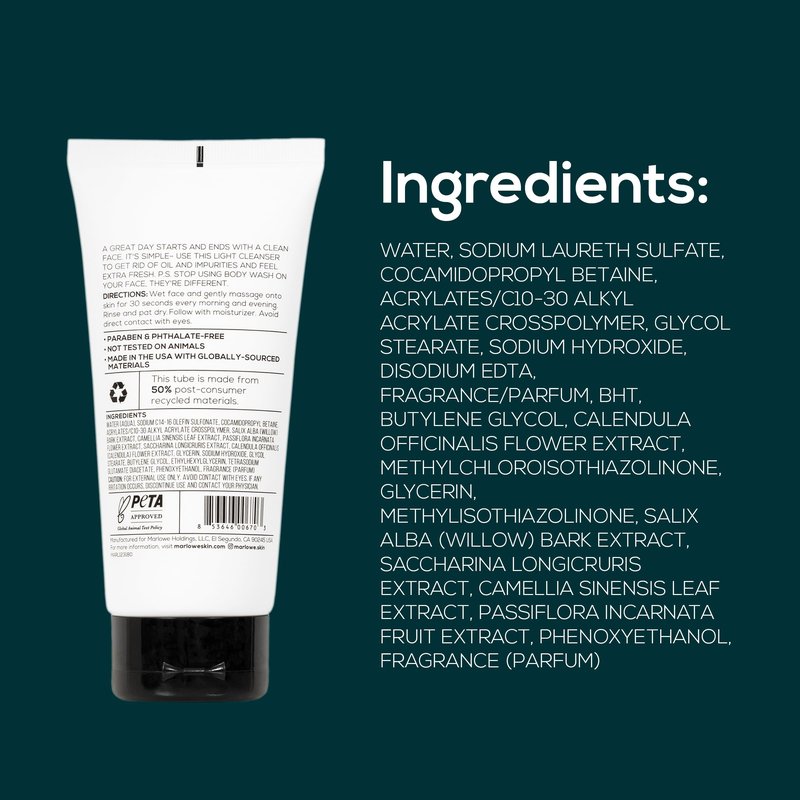 MARLOWE. Facial Cleanser, 6 oz, Purifying, Refreshing Daily Mens Face Wash, Removes Dirt, Oil & Impurities, Clean, Vegan Formula with Natural Extracts & Antioxidants, Original Fresh Sage & Fir Scent