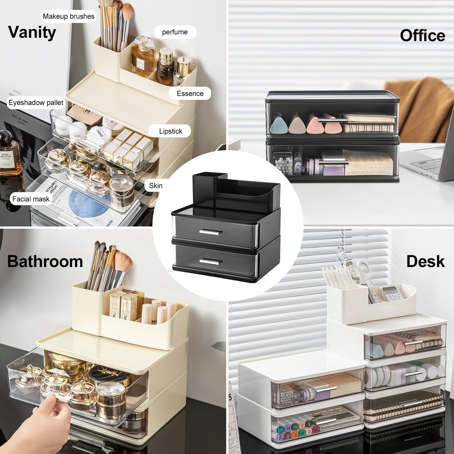 DASITON Makeup Organizer for Vanity with 2 Drawers, Stackable Cosmetic Organizer with Makeup Brush Holder, Plastic Bathroom Organizer Skincare Storage for Brushes, Eyeshadow, Lotions, Lipstick (Black)