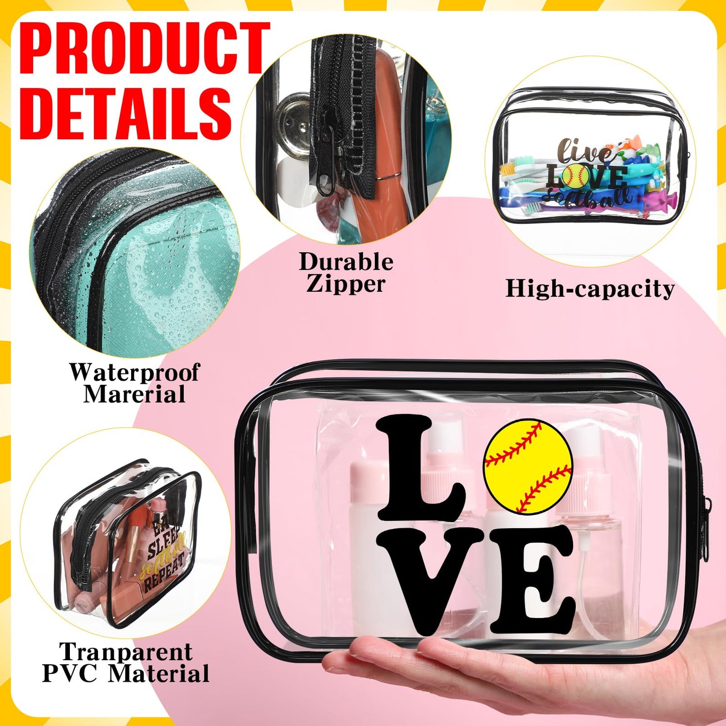 Reginary 12 Pcs 7 x 4.7 x 2.4'' Softball Makeup Bag Softball Gifts for Team Clear PVC Softball Cosmetic Case Softball Goodie Bag Stuffers Accessories for Woman Toiletry Zipper Pouch Team Party Favors