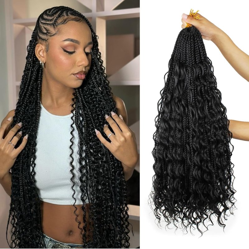 Vustbeauty 30 Inch Boho Box Braids - Synthetic Crochet Hair Extensions with Curly Ends | 9 Packs, Color 1B