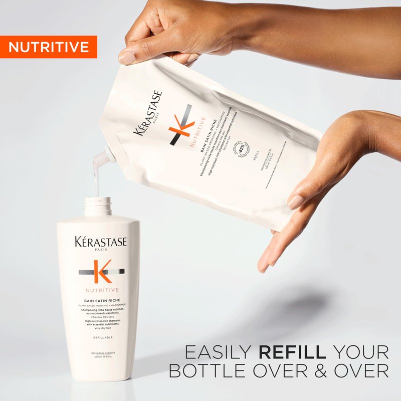 Kerastase Nutritive Bain Satin Riche Shampoo - Cleanses & Strengthens Against Dryness, Adds Shine & Nourishes Medium to Thick Hair, With Plant-Based Proteins & Niacinamide, 16.9 Fl Oz (Refill)